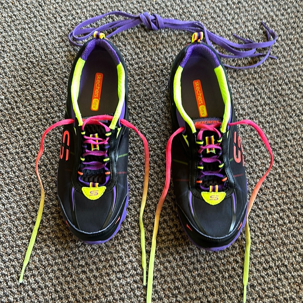 Sketchers 9.5 Black with neon orange, lime and purple